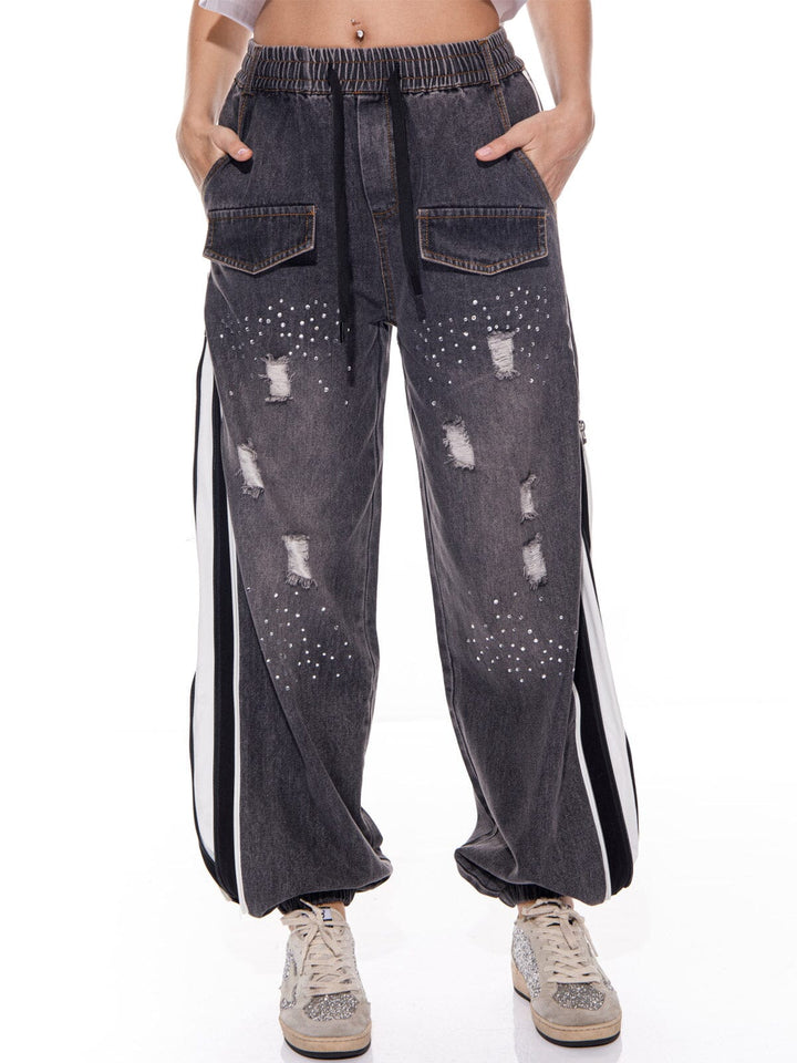WOMEN'S ELASTIC WAIST STUDS FRONT POCKETS WASHED JOGGER DENIM PANTS