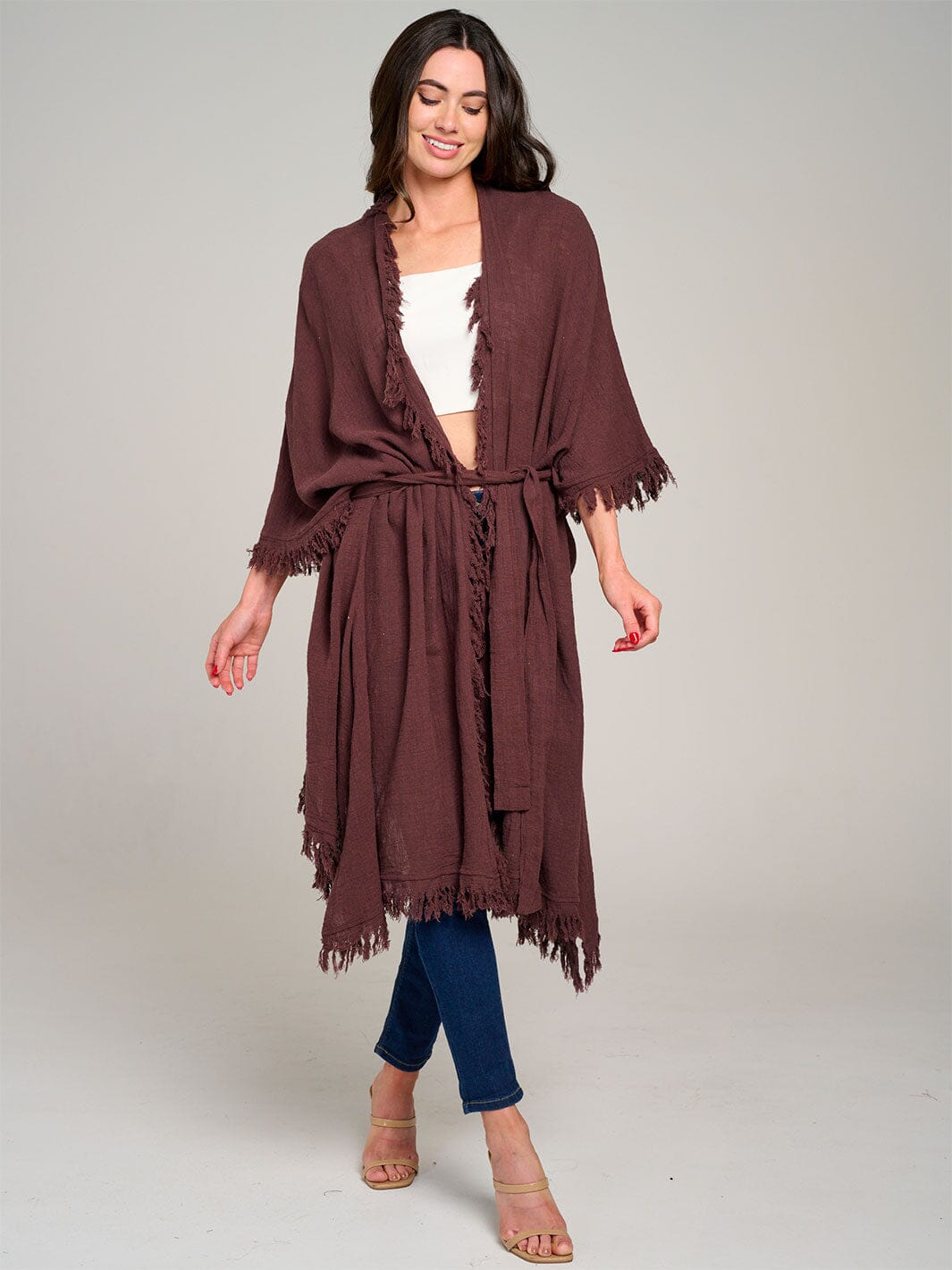 WOMEN'S SHORT SLEEVE OPEN FRONT SELF TIE CARDIGAN