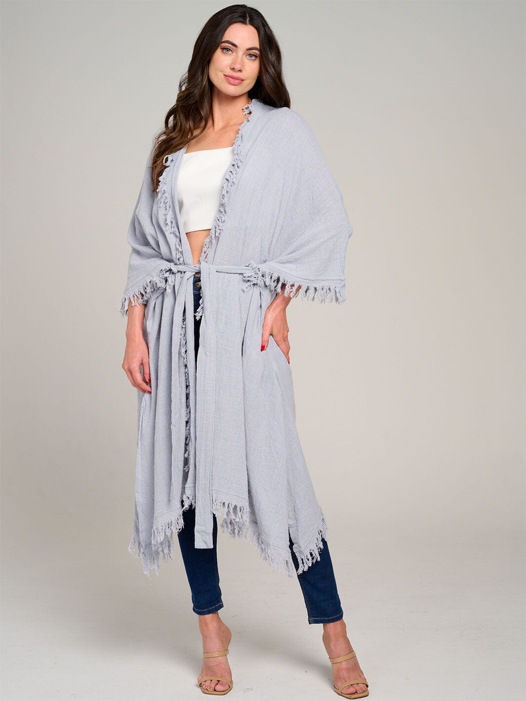 WOMEN'S SHORT SLEEVE OPEN FRONT SELF TIE CARDIGAN