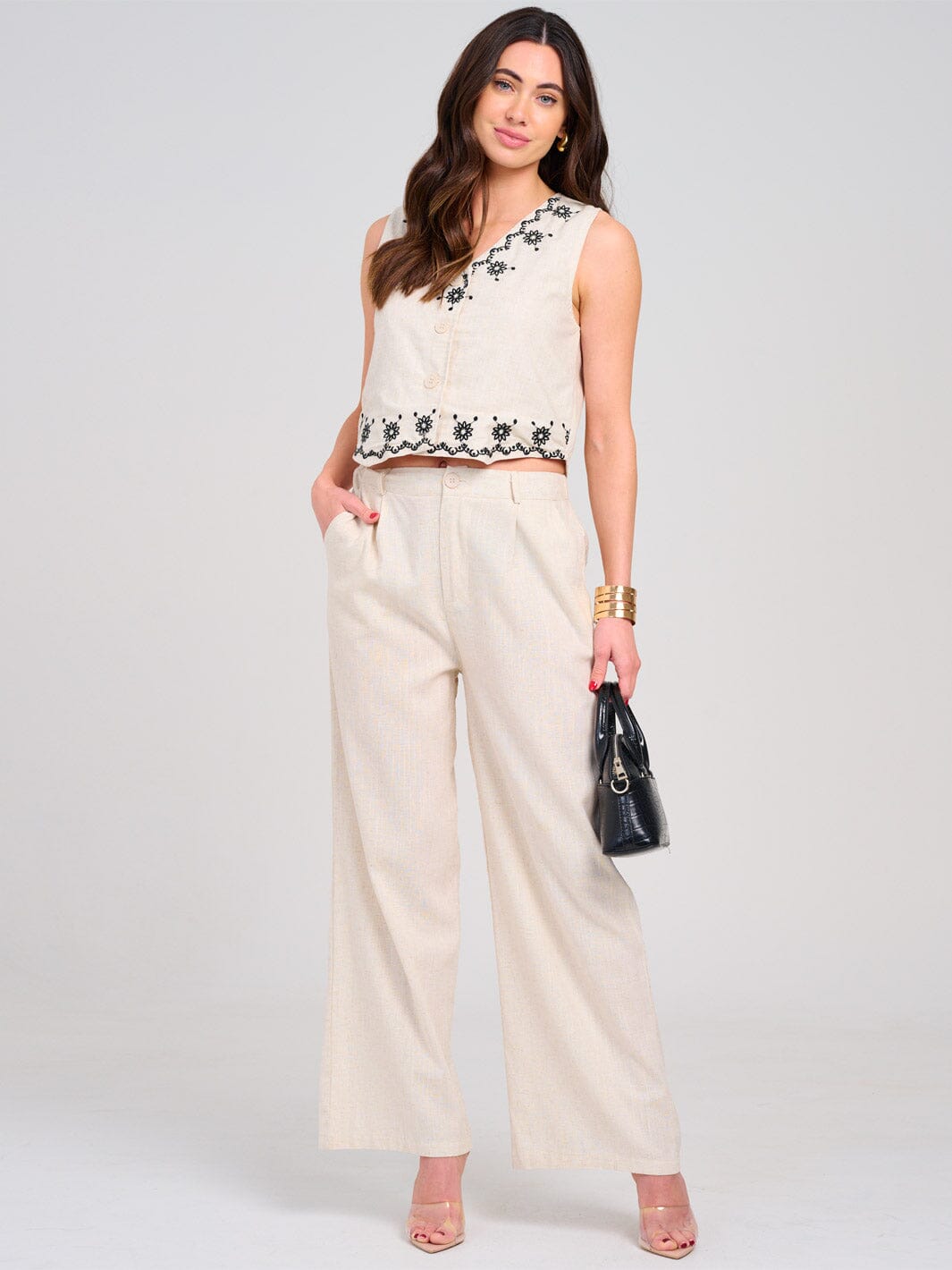 WOMEN'S SLEEVELESS TANK TOP & BUTTON CLOSURE PANTS EMBROIDERY LINEN 2PC. SET