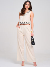 WOMEN'S SLEEVELESS TANK TOP & BUTTON CLOSURE PANTS EMBROIDERY LINEN 2PC. SET