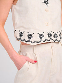 WOMEN'S SLEEVELESS TANK TOP & BUTTON CLOSURE PANTS EMBROIDERY LINEN 2PC. SET