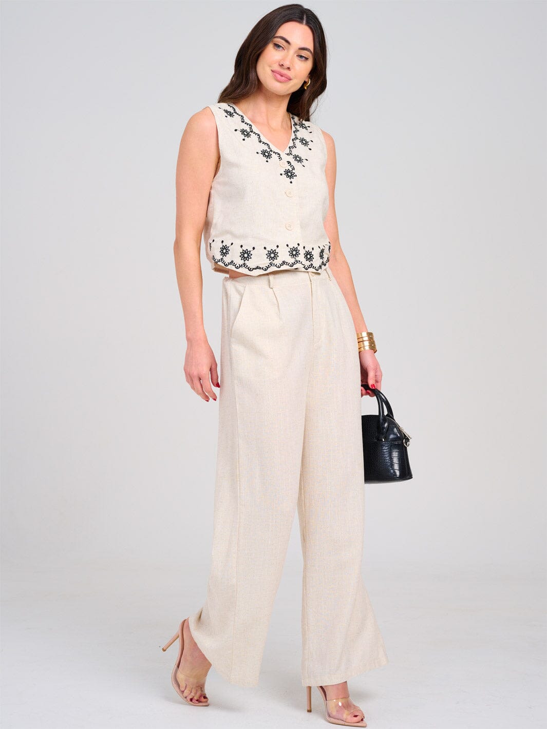 WOMEN'S SLEEVELESS TANK TOP & BUTTON CLOSURE PANTS EMBROIDERY LINEN 2PC. SET