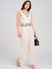 WOMEN'S SLEEVELESS TANK TOP & BUTTON CLOSURE PANTS EMBROIDERY LINEN 2PC. SET