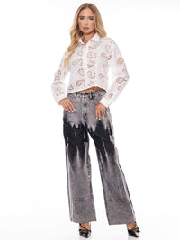 WOMEN'S BUTTON CLOSURE POCKETS WASHED STRAIGHT LEG DENIM PANTS