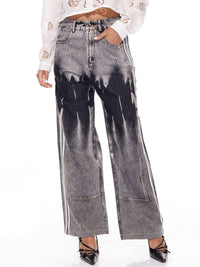 WOMEN'S BUTTON CLOSURE POCKETS WASHED STRAIGHT LEG DENIM PANTS