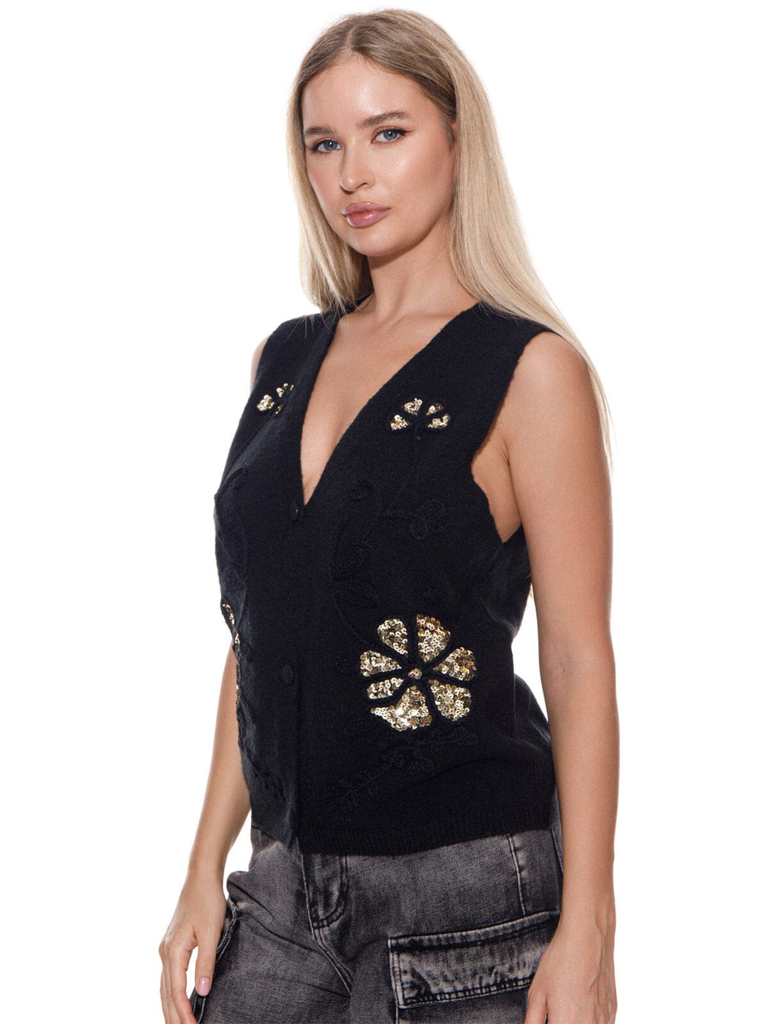 WOMEN'S SLEEVELESS BUTTON CLOSURE V-NECK SEQUINS FLOWER TOP