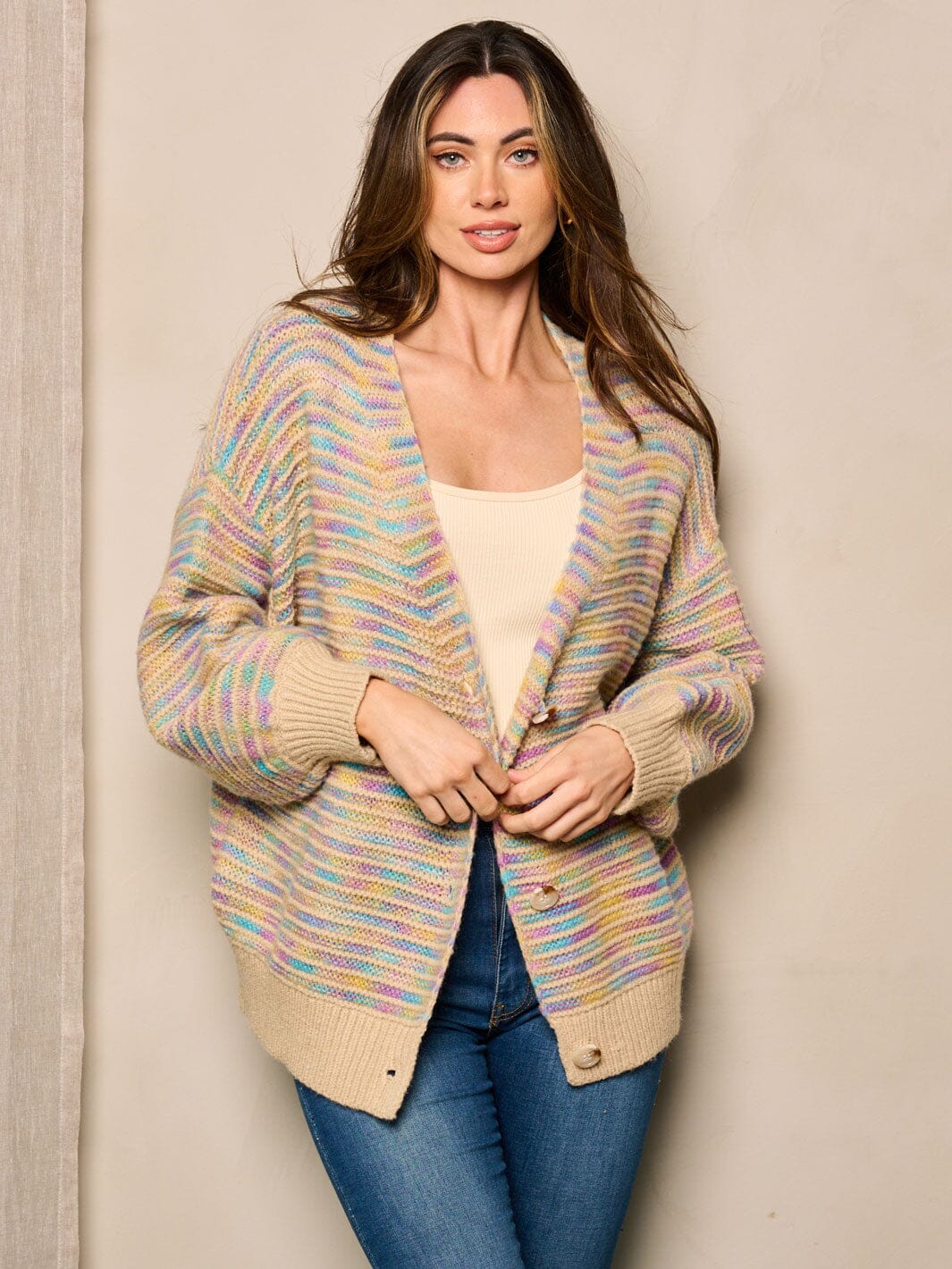 WOMEN'S LONG SLEEVE BUTTON UP MULTI COLORS SWEATER