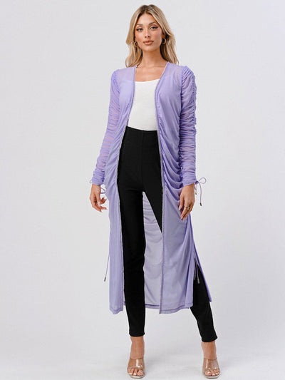 WOMEN'S LONG RUCHED SLEEVE TRIM DETAILED CARDIGAN