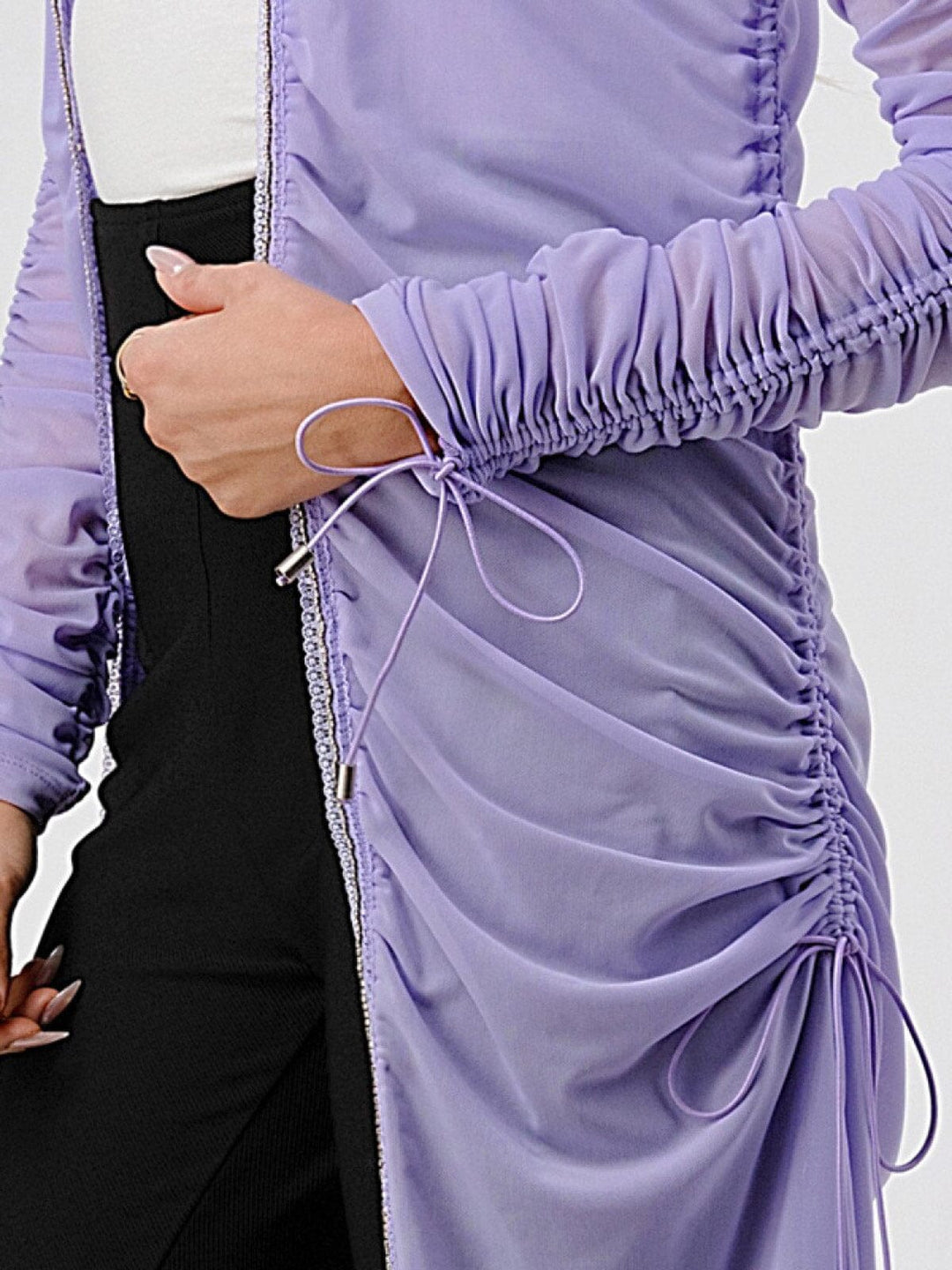 WOMEN'S LONG RUCHED SLEEVE TRIM DETAILED CARDIGAN