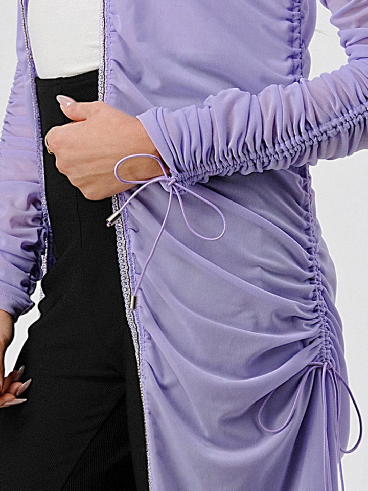 WOMEN'S LONG RUCHED SLEEVE TRIM DETAILED CARDIGAN