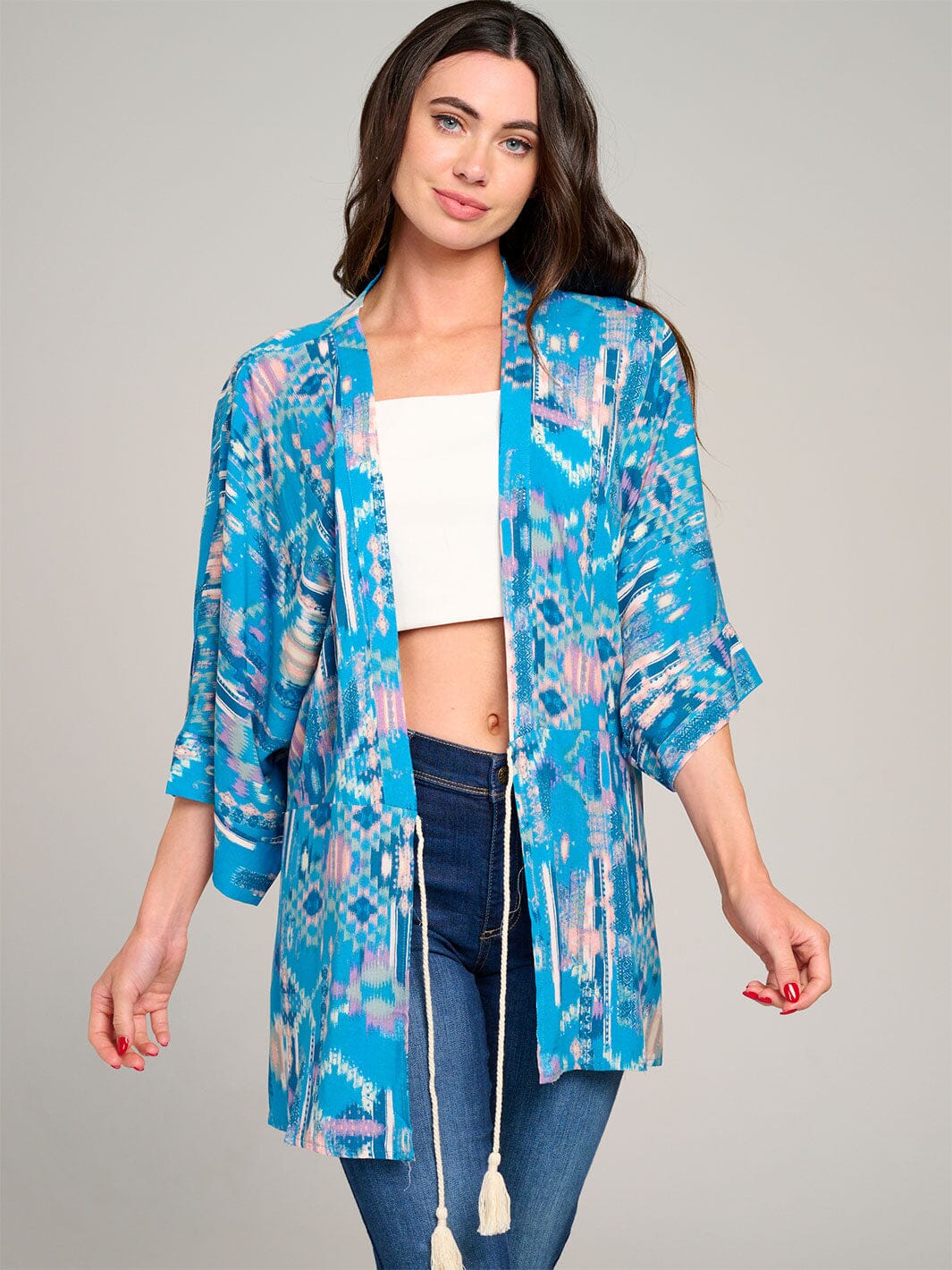 WOMEN'S SHORT SLEEVE OPEN FRONT SELF TIE MULTI PRINT KIMONO