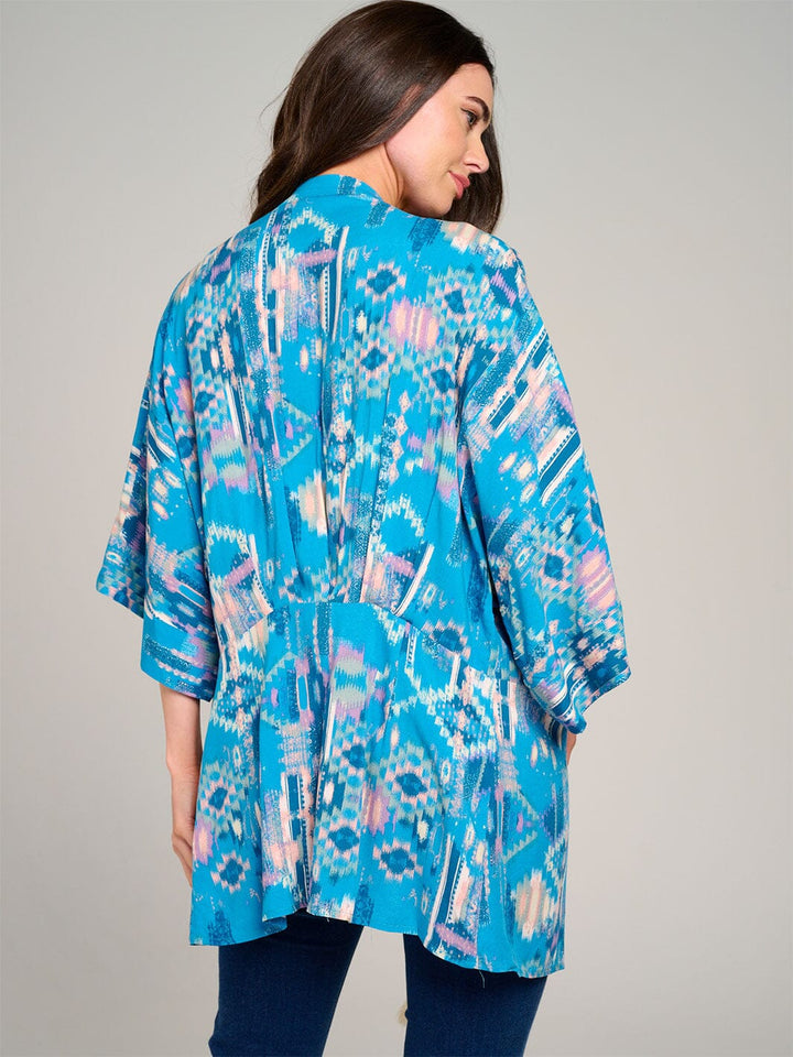 WOMEN'S SHORT SLEEVE OPEN FRONT SELF TIE MULTI PRINT KIMONO