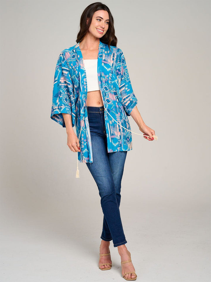 WOMEN'S SHORT SLEEVE OPEN FRONT SELF TIE MULTI PRINT KIMONO