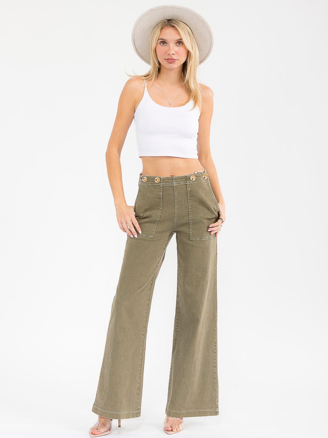 WOMEN'S BUTTON CLOSURE POCKETS WIDE LEG STRETCH DENIM PANTS