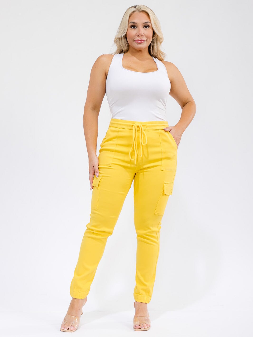 PLUS SIZE ELASTIC WAIST SELF TIE CARGO POCKETS JOGGER PANTS