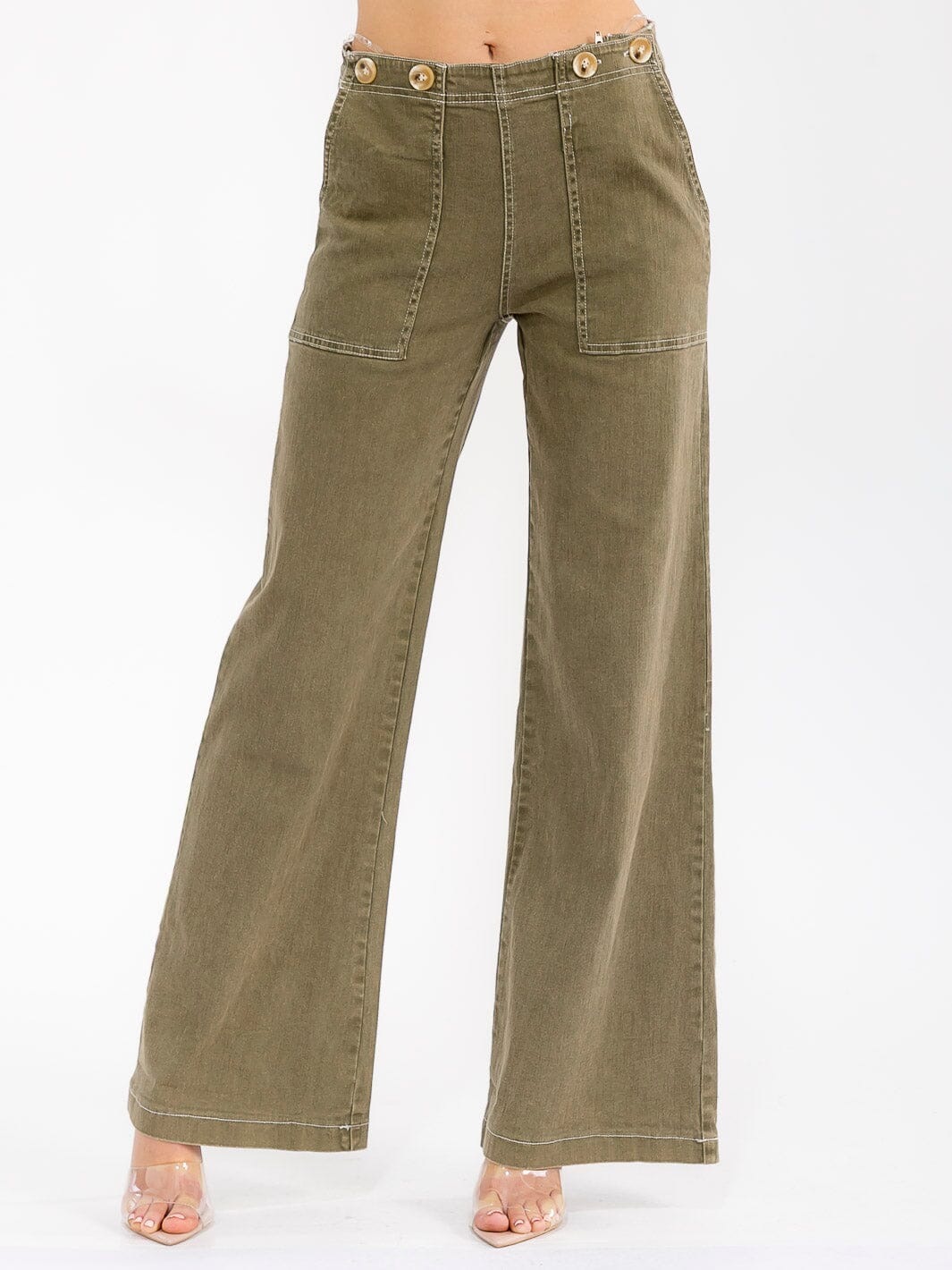 WOMEN'S BUTTON CLOSURE POCKETS WIDE LEG STRETCH DENIM PANTS