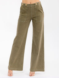 WOMEN'S BUTTON CLOSURE POCKETS WIDE LEG STRETCH DENIM PANTS