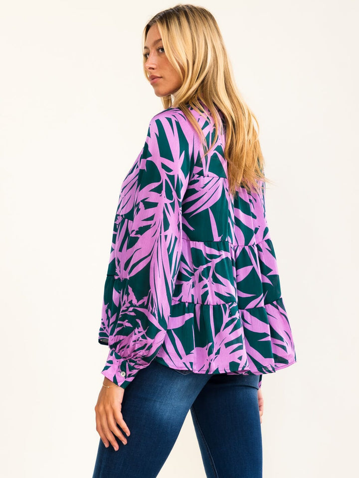 ENTRO WOMEN'S LONG SLEEVE V-NECK BUTTON UP TIERED MULTI PRINT BLOUSE