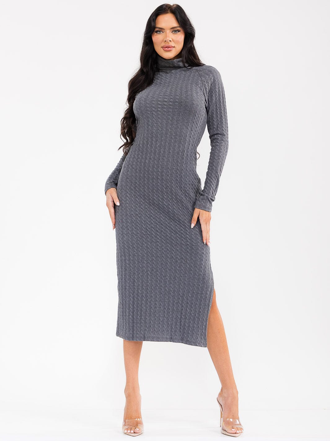WOMEN'S LONG SLEEVE TURTLE NECK SIDE SLIT RIBBED BODYCON MIDI DRESS