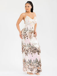 WOMEN'S SLEEVELESS V-NECK OPEN BACK SIDE SLIT SEQUINS BODYCON MAXI DRESS