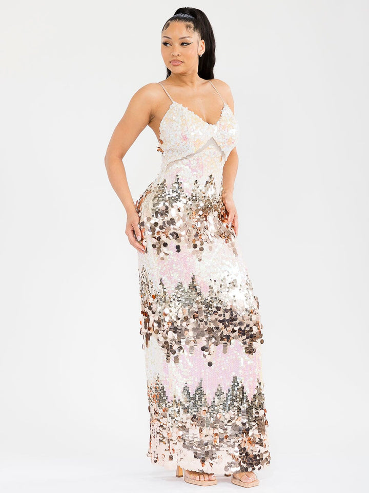 WOMEN'S SLEEVELESS V-NECK OPEN BACK SIDE SLIT SEQUINS BODYCON MAXI DRESS