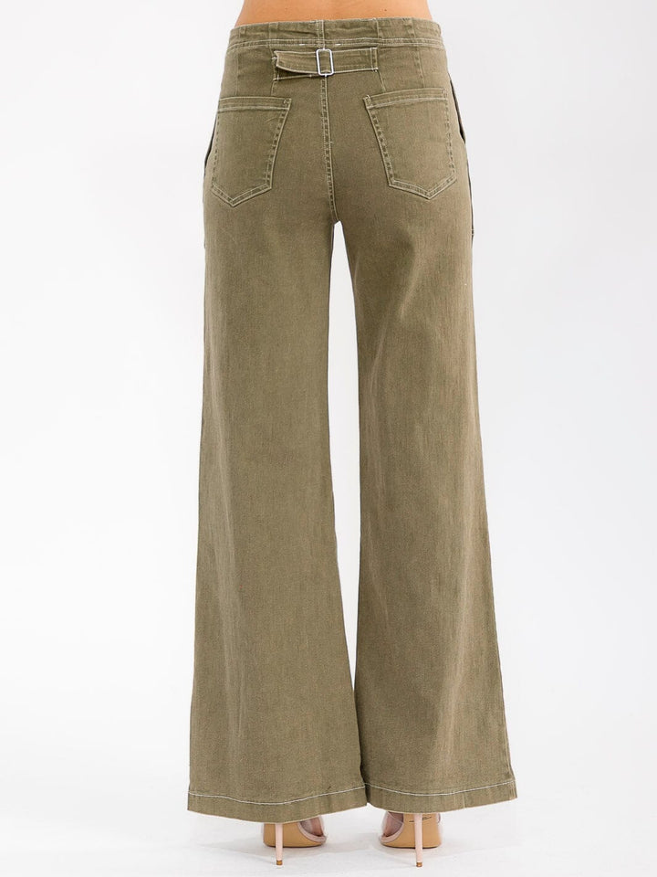 WOMEN'S BUTTON CLOSURE POCKETS WIDE LEG STRETCH DENIM PANTS