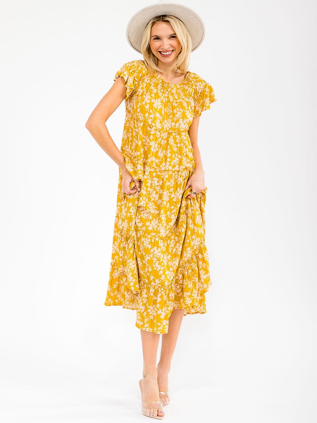 WOMEN'S SHORT SLEEVE RUFFLE TIERED FLORAL MAXI DRESS