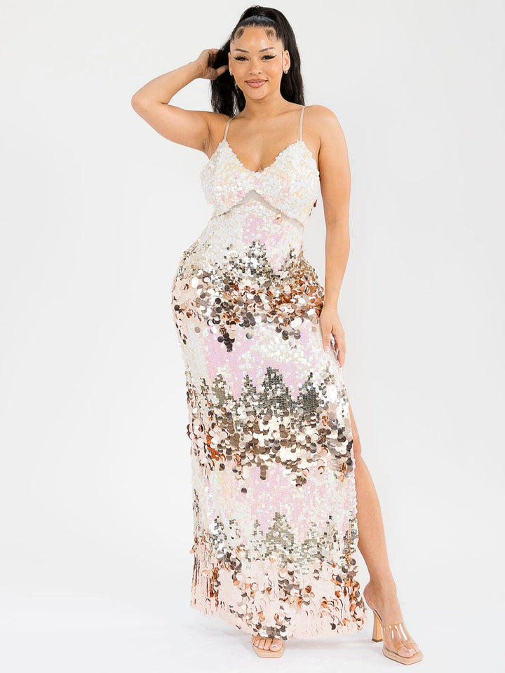 WOMEN'S SLEEVELESS V-NECK OPEN BACK SIDE SLIT SEQUINS BODYCON MAXI DRESS IVORY / 2S-2M-2L