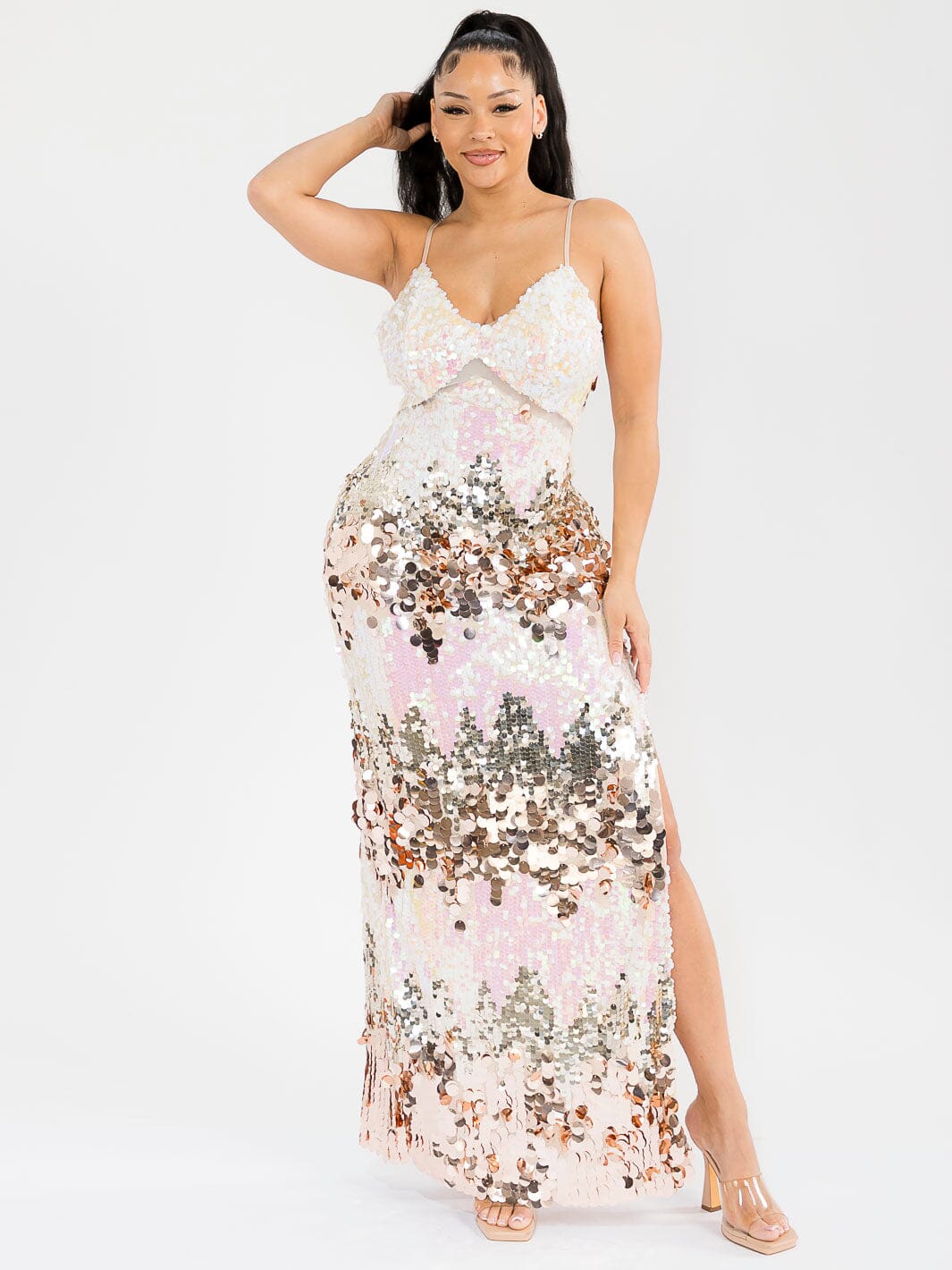 WOMEN'S SLEEVELESS V-NECK OPEN BACK SIDE SLIT SEQUINS BODYCON MAXI DRESS