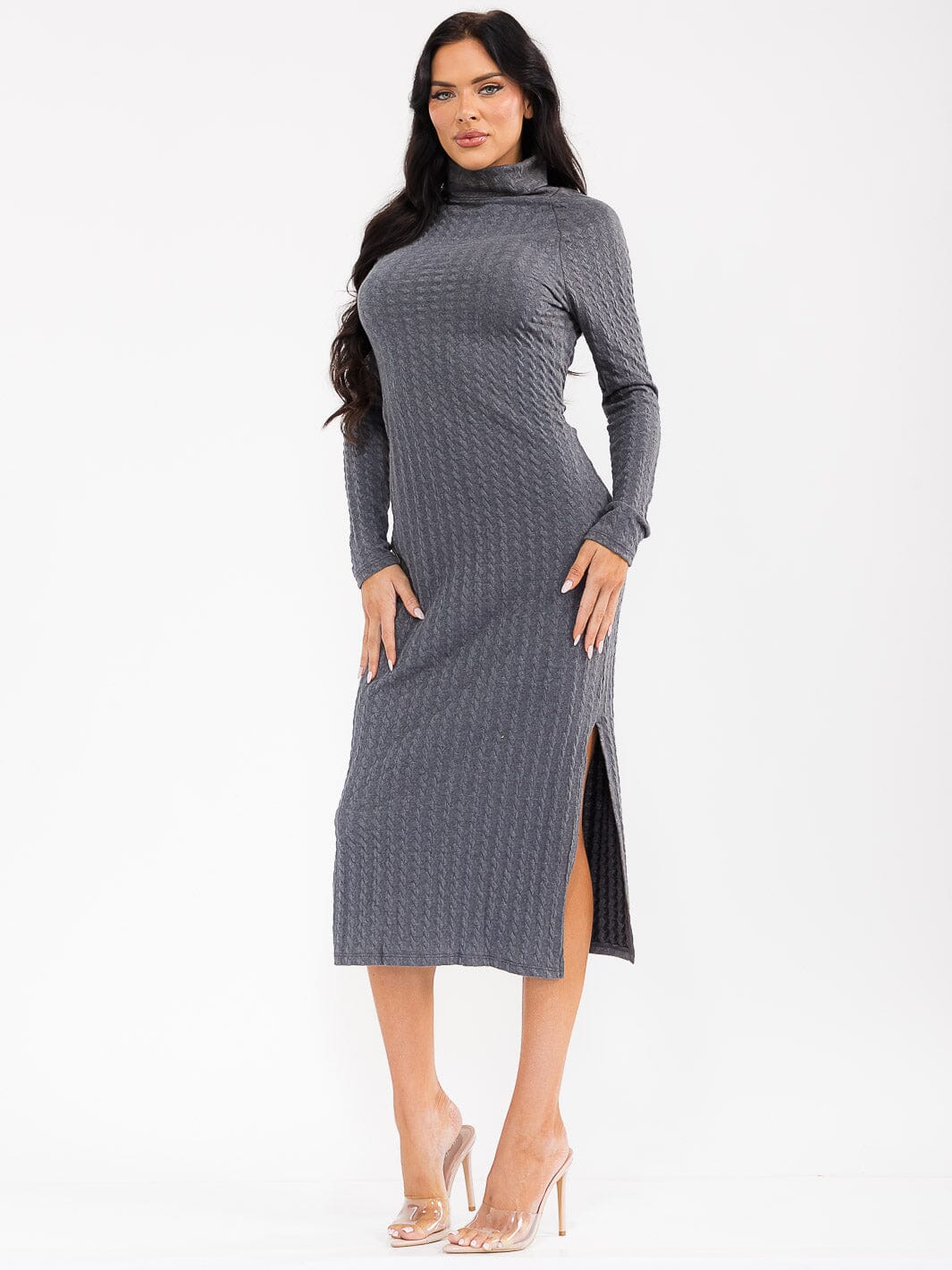 WOMEN'S LONG SLEEVE TURTLE NECK SIDE SLIT RIBBED BODYCON MIDI DRESS