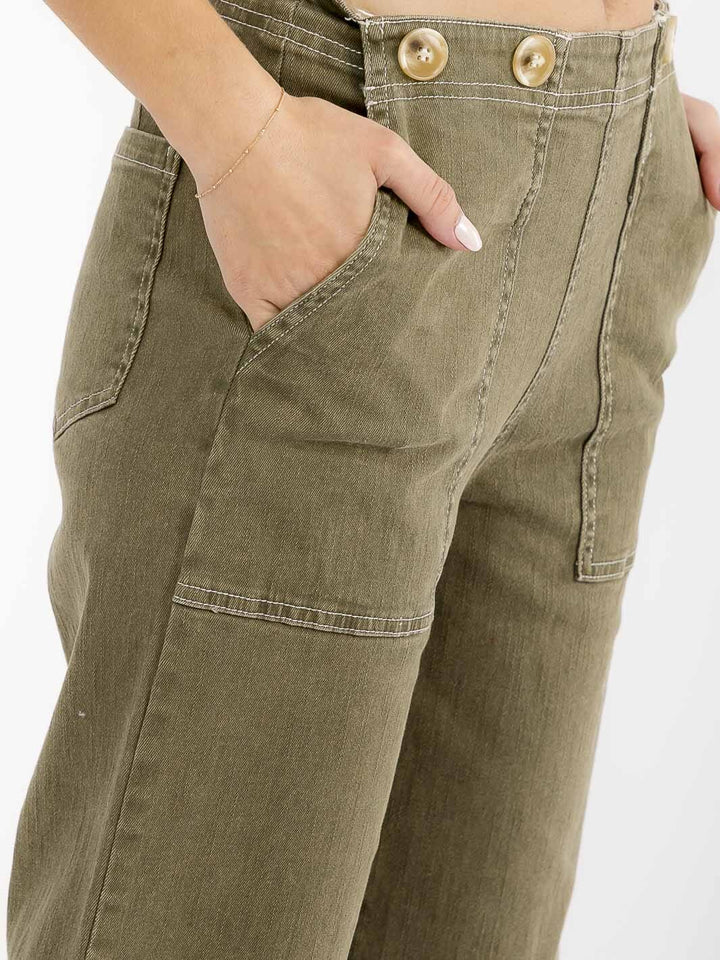 WOMEN'S BUTTON CLOSURE POCKETS WIDE LEG STRETCH DENIM PANTS