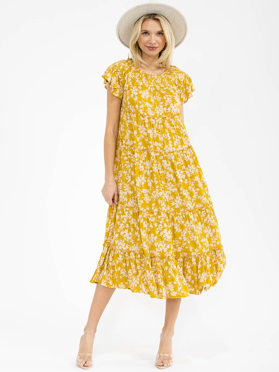 WOMEN'S SHORT SLEEVE RUFFLE TIERED FLORAL MAXI DRESS