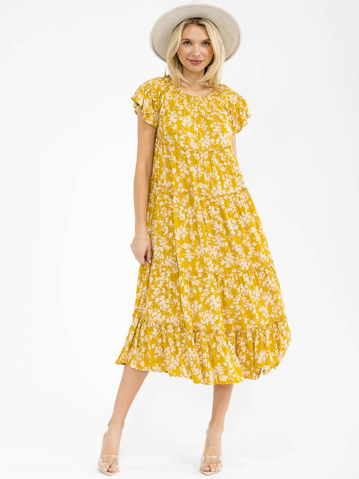 WOMEN'S SHORT SLEEVE RUFFLE TIERED FLORAL MAXI DRESS