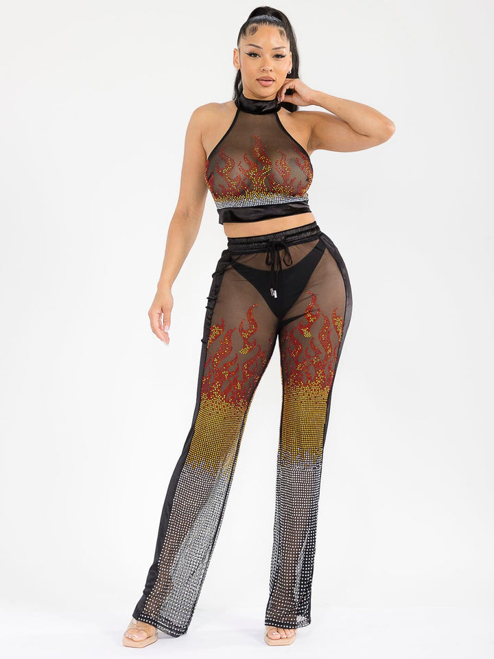 WOMEN'S CROP TOP & ELASTIC WAIST PANTS MESH SEQUINS DETAILED 2PC. SET