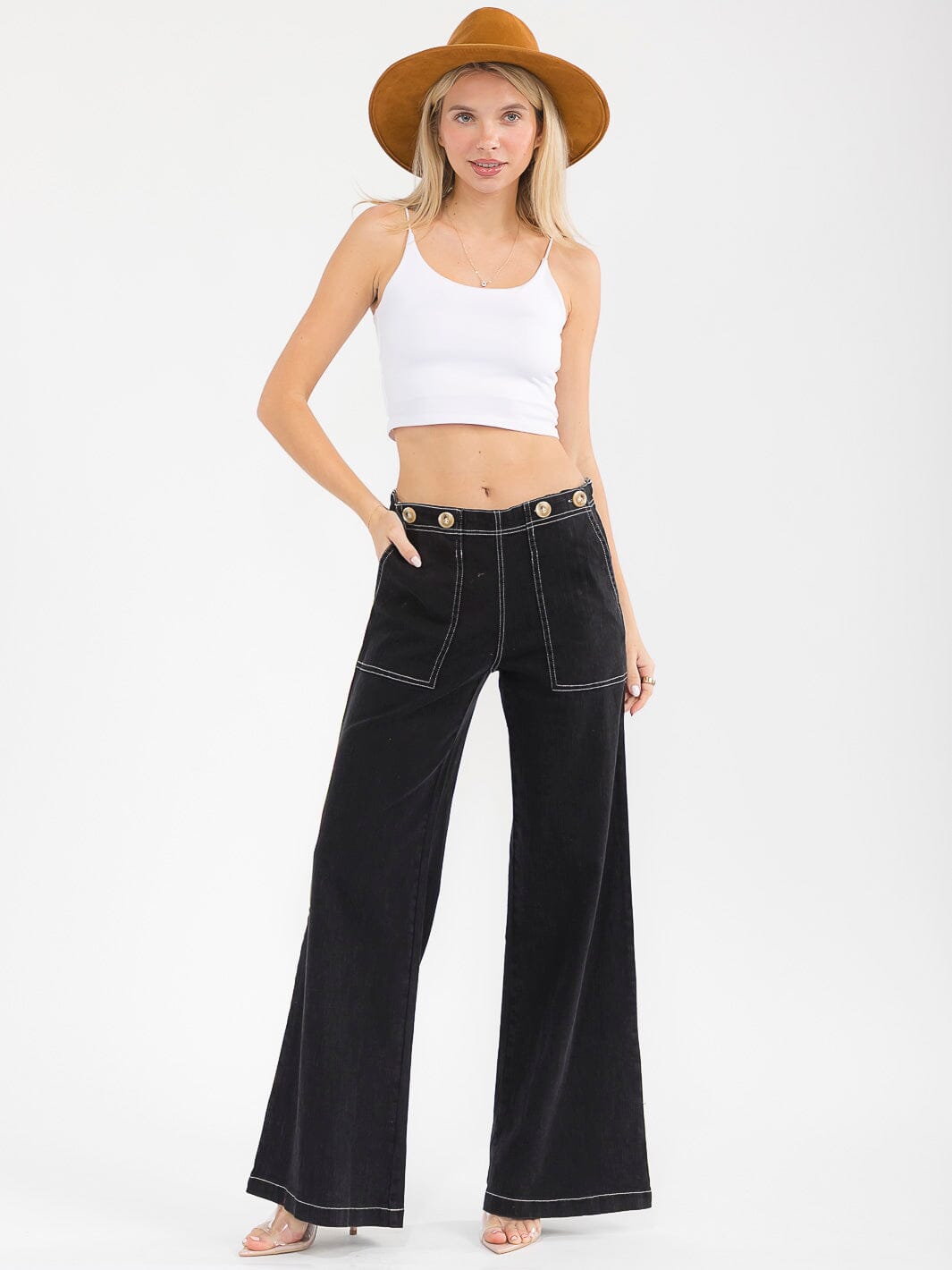 WOMEN'S BUTTON CLOSURE POCKETS WIDE LEG STRETCH DENIM PANTS