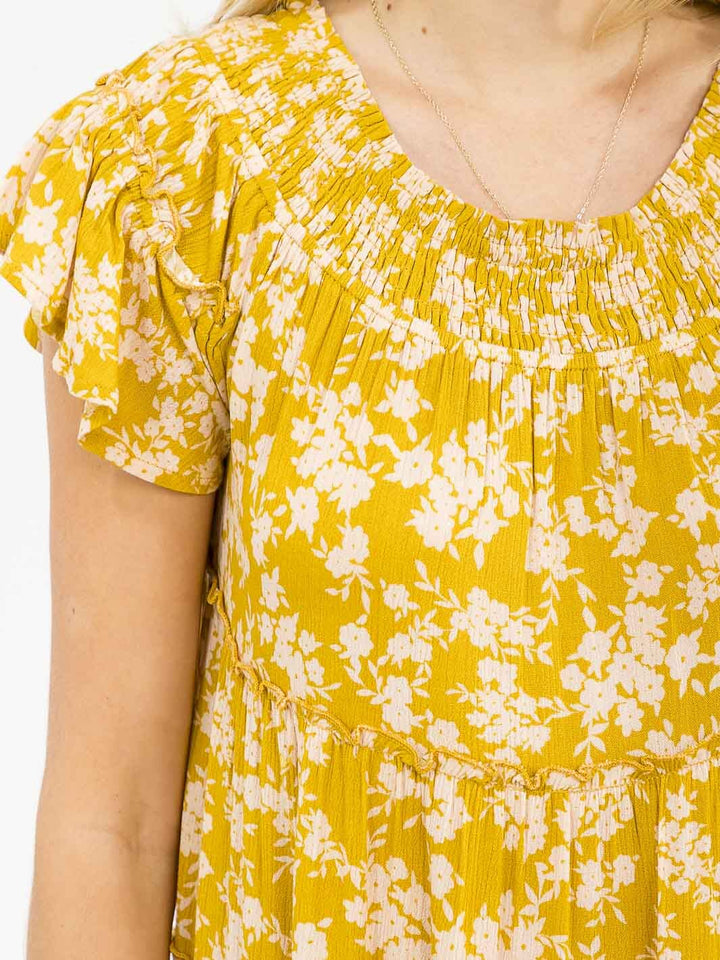 WOMEN'S SHORT SLEEVE RUFFLE TIERED FLORAL MAXI DRESS