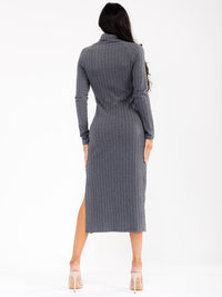 WOMEN'S LONG SLEEVE TURTLE NECK SIDE SLIT RIBBED BODYCON MIDI DRESS