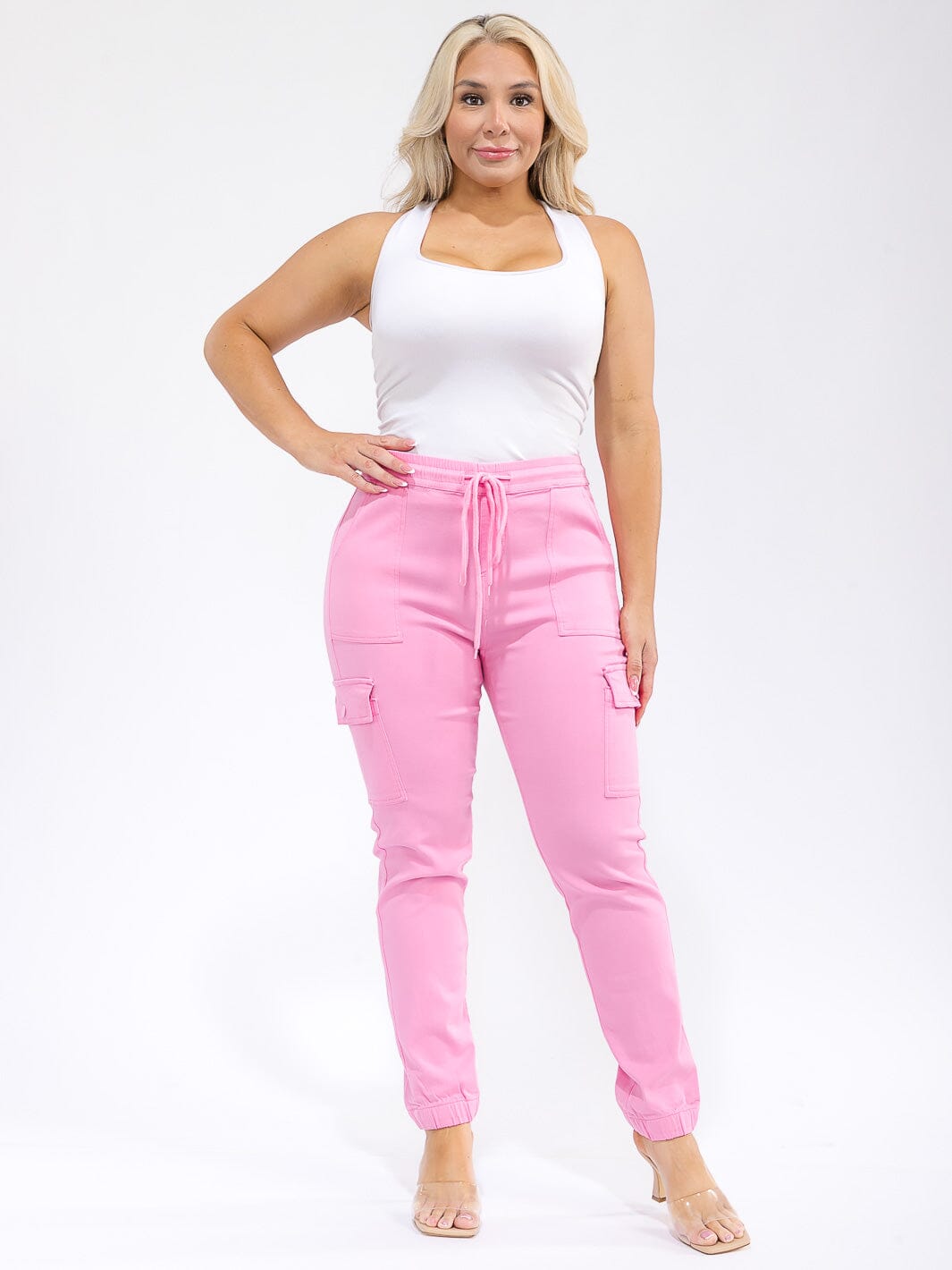 PLUS SIZE ELASTIC WAIST SELF TIE CARGO POCKETS JOGGER PANTS