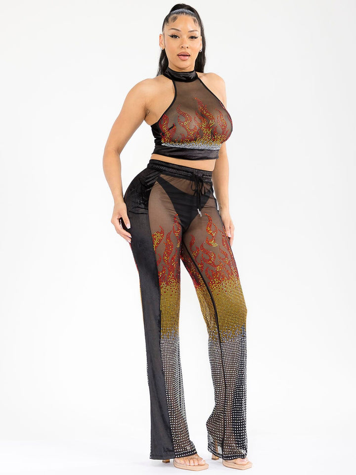 WOMEN'S CROP TOP & ELASTIC WAIST PANTS MESH SEQUINS DETAILED 2PC. SET