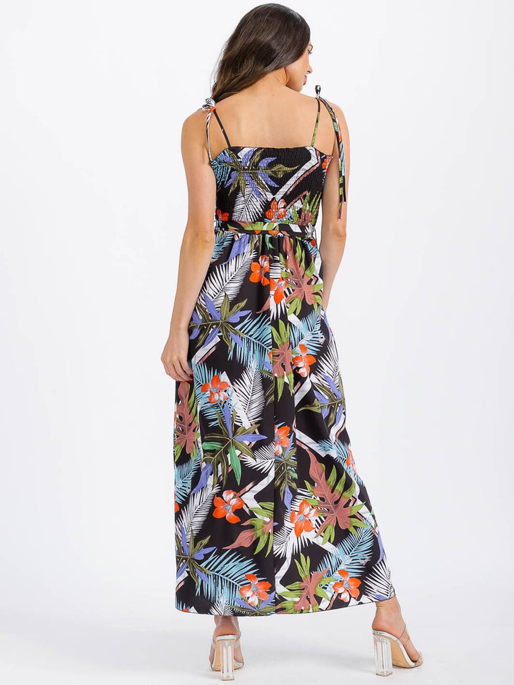 WOMEN'S SLEEVELESS SMOCK FRONT SLIT FLORAL MAXI DRESS