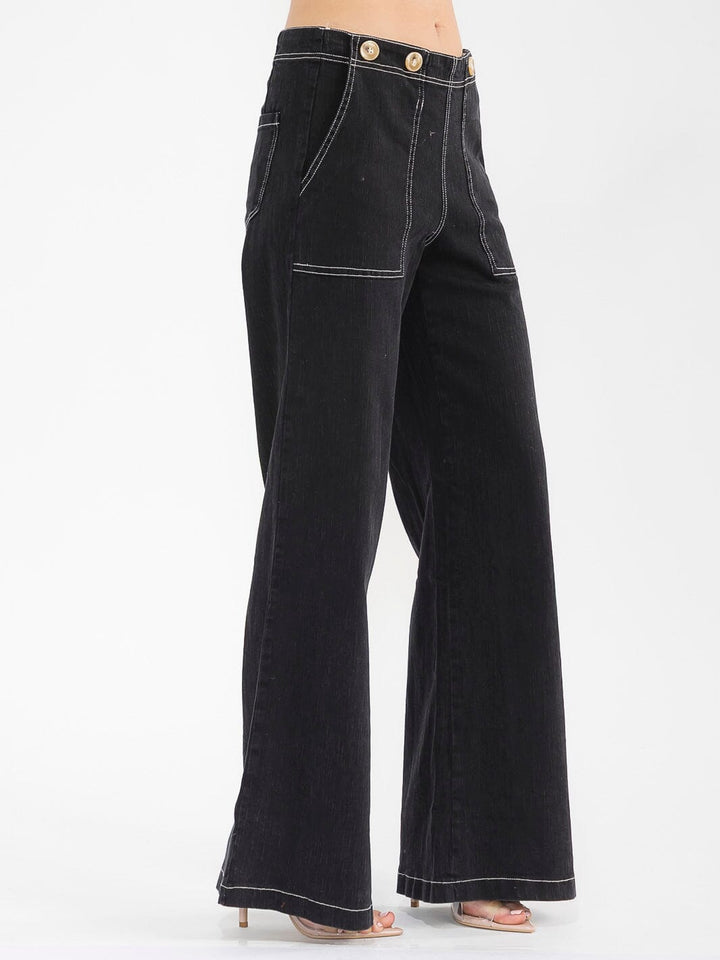 WOMEN'S BUTTON CLOSURE POCKETS WIDE LEG STRETCH DENIM PANTS