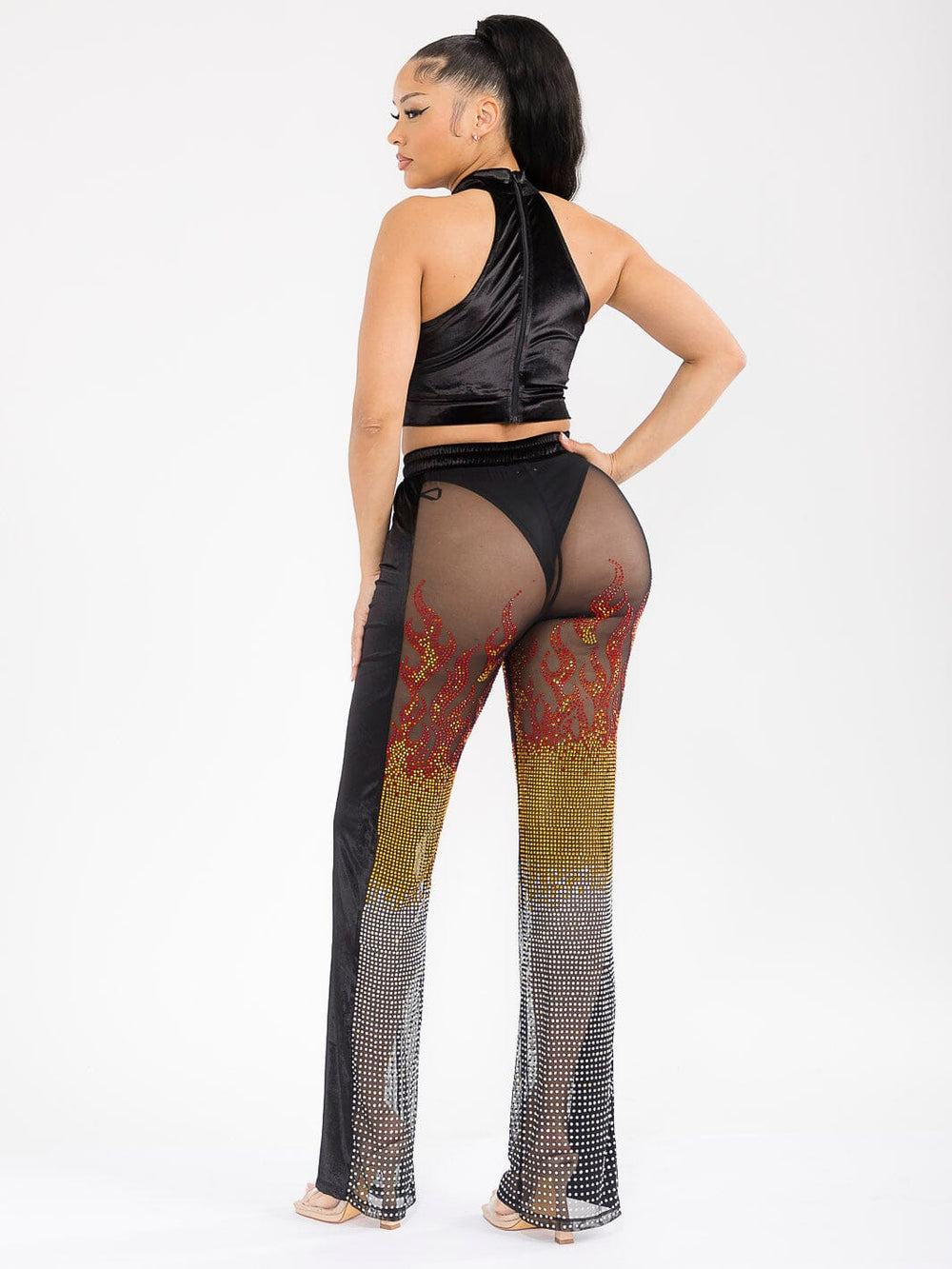 WOMEN'S CROP TOP & ELASTIC WAIST PANTS MESH SEQUINS DETAILED 2PC. SET