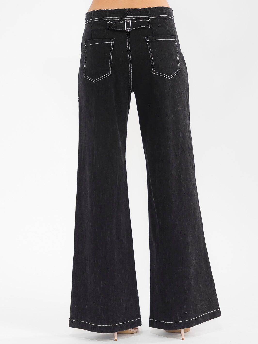 WOMEN'S BUTTON CLOSURE POCKETS WIDE LEG STRETCH DENIM PANTS