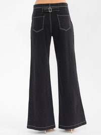 WOMEN'S BUTTON CLOSURE POCKETS WIDE LEG STRETCH DENIM PANTS