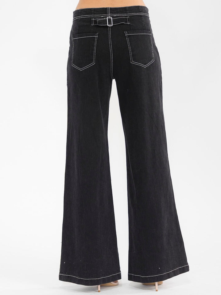 WOMEN'S BUTTON CLOSURE POCKETS WIDE LEG STRETCH DENIM PANTS