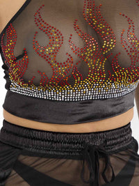 WOMEN'S CROP TOP & ELASTIC WAIST PANTS MESH SEQUINS DETAILED 2PC. SET