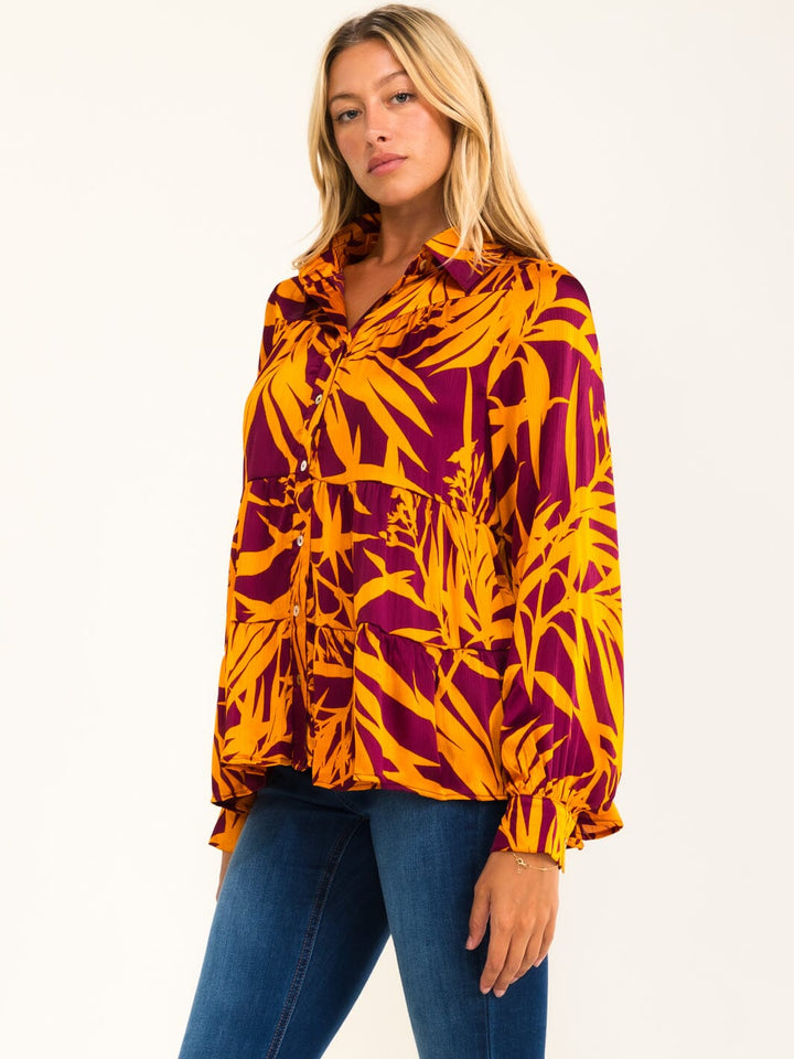 ENTRO WOMEN'S LONG SLEEVE V-NECK BUTTON UP TIERED MULTI PRINT BLOUSE