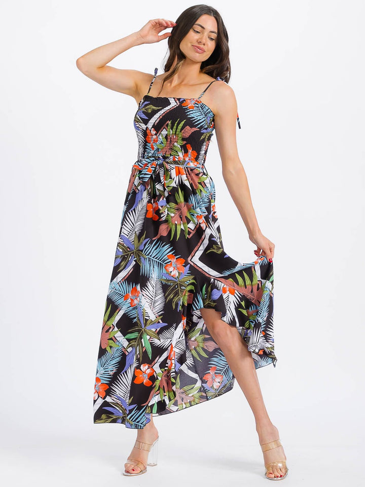 WOMEN'S SLEEVELESS SMOCK FRONT SLIT FLORAL MAXI DRESS
