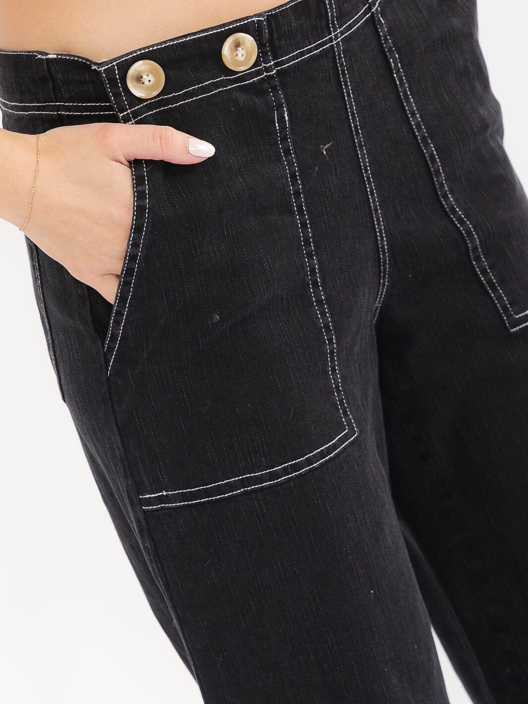 WOMEN'S BUTTON CLOSURE POCKETS WIDE LEG STRETCH DENIM PANTS